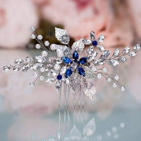 Olbye Wedding Hair Comb Blue Rhinestone Bridal Hair Accessories For Bride And Bridesmaids Wedding Hair Piece Silver