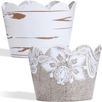 Burlap And Lace Cupcake Wrappers  48 Count - Rustic Birch And Wood Grain Design  Burlap Cupcake Wrappers For Weddings And Parties By Pretty Cute Studios