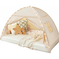Toddler Bed Tent Canopy: Lights & Flags Indoor Floor Bed Kids Tent Playhouse - Portable & Foldable Twin Bunk Bed Curtains - Large Size Girls & Boys House Bedroom Privacy Space Sleeping Tents Gifts
