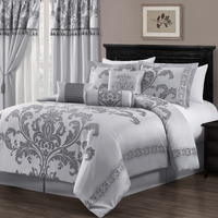 Chezmoi Collection Royale 7-Piece Jacquard Floral Comforter Set  Oversized Queen  Silver/Gray