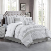 Chezmoi Collection Ariel 7-Piece Gray Geometric Chenille Embroidery Pleated Striped Comforter Bedding Set  Oversized King Size