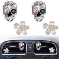 Bling Skull & Daisy Air Vent Clips  4 Pcs Crystal Skull Car Air Fresheners Vent Clips Car Diffuser Vent Clip Rhinestone Diamond Car Decoration Cute Car Interior Decor Bling Car Accessories For Women (Skull&Daisy)