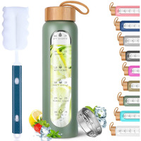 Aqulea Glass Water Bottles 25 Oz With Silicone Sleeve - Bpa Free Reusable Wide Mouth Glass Motivational Water Bottles With Fruit Infuser - Leak Proof Borosilicate Water Bottle With Time Marker (Green)