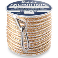 Rainiersupplyco Boat Anchor Rope - Double Braided Marine Rope Anchor Line - 100 Ft X 3/8 Inch Nylon Boating Line With 316 Stainless Steel Thimble And Heavy Duty Marine Grade Bow Shackle - White/Gold