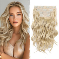 Clip In Hair Extensions - 14 Inch Wavy Synthetic Hair Extensions Clip Ins (Color:Light Blonde Mix Beige Blonde)
