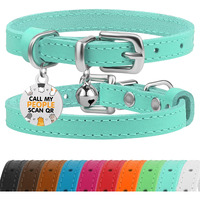 Bronzedog Leather Cat Collar With Removable Bells Non Breakaway Kitten Qr Tag For Girl Boy (7 "" - 9 "" For Cats  Turquoise & Silver)