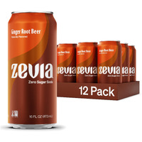 Zevia Zero Sugar Soda, Ginger Root Beer, 16 Oz Cans (12-Pack) - Naturally Sweetened, Zero Calorie Sugar Free Soda - Non-Gmo Project Verified, Gluten-Free, Vegan