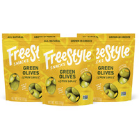 Freestyle Snacks Olive Snack Packs - Fresh Pitted Green Olives, Jumbo-Sized, Grown In Greece, All Natural, Non-Gmo, Paleo, Sugar-Free, Keto Snacks, Low Calorie Snacks - Lemon Garlic, 4Oz (3 Pack)
