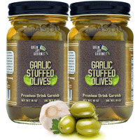 Green Jay Gourmet Garlic Stuffed Olives - Stuffed Green Olives For Cocktail Garnish & Cheese Board Recipes - Dirty Martini Olives & Cocktail Olives - Gourmet Olives - All Natural - Large - 2 X 16 Oz