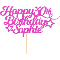 Edsg Personalized Happy Birthday Cake Topper Customized With Any Age Name Party Cake Decoration 16 18 21 40 60 Double Sided Glitter Card Pink