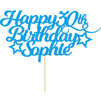 Personalized Happy Birthday Cake Topper Customized With Any Age Name Party Cake Decoration 16 18 21 40 60 Double Sided Glitter Card Blue