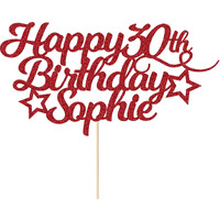 Personalized Happy Birthday Cake Topper Customized With Any Age Name Party Cake Decoration 16 18 21 40 60 Double Sided Glitter Card Red