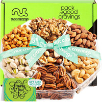 Nut Cravings Gourmet Collection - Thank You Nuts Gift Basket With Thank You Ribbon + Greeting Card (7 Assortments) Food Platter, Appreciation Care Package Tray, Healthy Kosher