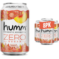 Humm Probiotic Kombucha Zero Sugar Peach Tea, No Refrigeration Needed, Keto Friendly, Organic, Vegan, Gluten Free, 12Oz Cans (8 Pack)