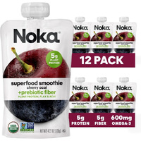 Noka Superfood Fruit Smoothie Pouches, Cherry Acai, Healthy Snacks With Flax Seed, Plant Protein And Prebiotic Fiber, Vegan And Gluten Free Snacks, Organic Squeeze Pouch, 4.22 Oz, 12 Count