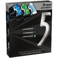 Wrigley's (15 Pack) 5 Gum Peppermint, Spearmint, Wintermint Sugar Free Chewing Gum Variety Pack, 15 Stick