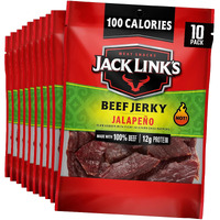 Jack Link's Beef Jerky, Jalapeno, Spicy Meat Snack - Great For Lunches, 12G Protein And 100 Calories, Made With 100% Beef - 94% Fat-Free, 1.25 Oz (Pack Of 10)