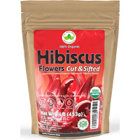 Hibiscus Tea 1Lb (16Oz) 100% Certified Organic Hibiscus Flowers Herbal Tea (Cut&Sifted), Caffeine Free Tea (200+ Cups) 1 Lb. Bulk Resealable Kraft Bpa-Free Bag