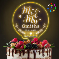 Led Personalized Wedding Cake Toppers 7 Colour Changes Light Up Cake Topper Wedding Bride And Groom Anniversary Cake Toppers Mr & Mrs Wedding Cake Decorations With Any Name(Design 1)