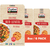 Explore Cuisine Organic Red Lentil Penne - High Protein, Gluten Free Pasta, Easy To Make - Organic, Non Gmo - 24 Total Servings, 8 Ounce (Pack Of 6)