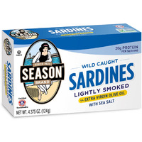 Season Sardines In Extra Virgin Olive Oil - Wild Caught, Lightly Smoked, 21G Of Protein, Keto Snacks, More Omega 3's Than Tuna, Kosher, High In Calcium, Canned Sardines - 4.37 Oz Tins, 12-Pack