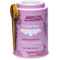 Justea Purple Jasmine | Loose Leaf Purple Tea | Tin With Hand Carved Tea Spoon | 40+ Cups (3.2Oz) | Low Caffeine | Award-Winning | Fair Trade | Non-Gmo