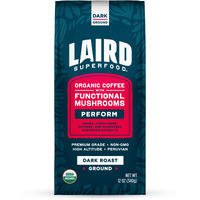 Laird Superfood Peruvian Dark Roast Coffee With Functional Mushrooms, Certified Organic Peruvian Ground Coffee Beans, Gluten-Free, Dairy-Free, Non-Gmo, Paleo, Keto Friendly, 12 Oz. Bag