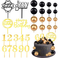 38 Pieces Ball Cake Decorations Set, Acrylic Happy Birthday Cupcake Picks Number 0-9 Toothpicks Ball Shaped Insert Toppers For Holiday Halloween Anniversary Party Favors Supplies (Black Gold)