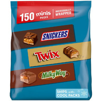 Snickers, Twix, & Milky Way Minis Halloween Chocolate Candy Bars Variety Pack, 150 Ct Bulk Bag