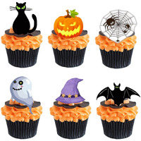 Halloween Edible Cupcake Toppers Pumpkin Ghost Bat Black Cat - Pre-Cut Wafer Paper Cake Decorations