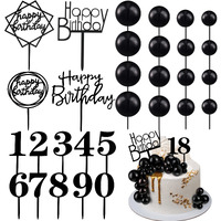 38 Pieces Ball Cake Decorations Set, Acrylic Happy Birthday Cupcake Picks Number 0-9 Toothpicks Ball Shaped Insert Toppers For Holiday Halloween Anniversary Party Favors Supplies (Black)