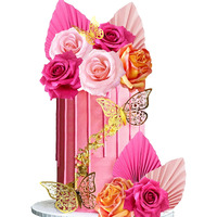Boho Cake Topper Flower Palm Leaves Cake Decorations For Bohemian Wedding Baby Shower Birthday Party Supplies (Hot Pink)