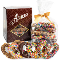 Asher's Chocolates, Chocolate Covered Pretzels Gift Basket, Holiday Assortment Of Candy, Small Batches Of Kosher Chocolate, Family Owned Since 1892, Improved Box Design (Milk & Dark)
