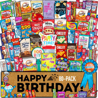 Birthday Care Package (80 Count) Snacks Food Cookies Chocolate Bar Chips Candy Party Variety Gift Box Pack Assortment Basket Bundle Mix Bulk Sampler Treat College Students Kids Teens Office School