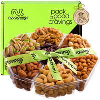 Nut Cravings Gourmet Collection - Rosh Hashana & Shana Tova Mixed Nuts Gift Basket + Green Ribbon (7 Assortments, 2.2 Lb) Arrangement Platter, Birthday Care Package - Healthy Kosher