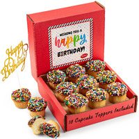 Birthday Gift Basket | Happy Birthday Cupcakes [9 Count] | Mini Rainbow Sprinkle Cupcakes Individually Wrapped | 10 Cupcake Toppers Included | Birthday Treats For Kids, Men, Women| Kosher, Nut Free | Sterns Bakery