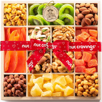 Nut Cravings Gourmet Collection - Rosh Hashana & Shana Tova Dried Fruit & Mixed Nuts Gift Basket In Reusable Wooden Tray + Ribbon (12 Assortments) Arrangement Platter, Healthy Kosher
