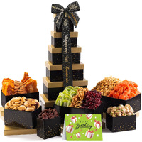 Nut Cravings Gourmet Collection - Happy Birthday Nuts & Dried Fruits Tower Gift Basket With Hb Ribbon (12 Assortments) Food Platter, Bday Care Package Tray, Healthy Kosher Snack