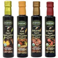 Mantova Organic Flavored Balsamic Vinegar Of Modena 4-Variety Pack: Fig, Pear, Pomegranate, & Raspberry; Perfect For Gift Basket, Add To Pasta, Salad, Ice Cream And Cocktails, 8.5 Oz Per Bottle