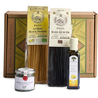Bellina 4 Piece Italian Gift Basket With Organic Squid Ink Pasta, Organic Lemon Pepper Pasta, Lemon Extra Virgin Olive Oil, & Sea Salt Capers - Gourmet Pasta Gift Basket For Women & Men, Italian Pasta From Italy