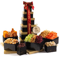 Nut Cravings Gourmet Collection - Rosh Hashana & Shana Tova Mixed Nuts Gift Basket Black Tower + Heart Ribbon (12 Assortments) Arrangement Platter, Birthday Care Package - Healthy Kosher