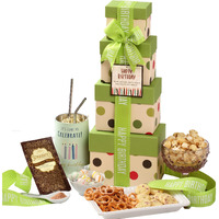 Broadway Basketeers Birthday Gift Basket Tower With Large 16Oz. Insulated Gift Mug.Share Fun With Happy Birthday Gift Tower Filled With Chocolates, Sweets & Truffle Cocoa.Perfect For Mom,Dad & Friends