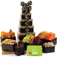 Nut Cravings Gourmet Collection - Get Well Soon Dried Fruit & Nuts Tower Gift Basket With Get Well Soon Ribbon (12 Assortments) Care Package Variety Tray, Kosher Snack Box