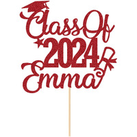 Personalized Cake Topper Custom Congrats Graduation Hat Student Class Of 2024 Double Sided Glitter Card Red