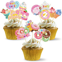 48Pcs Donut Party Decorations Two Sweet Birthday Cupcake Toppers, Donut Grow Up Theme Donut 2Nd Birthday Cake Topper Supplies For Baby Girl, Doughnut Happy 2Nd Birthday Cake Decor