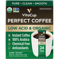 Vitacup Perfect Low Acid Instant Coffee Packets, Dark Roast Coffee, Usda Organic & Fair Trade, Third Party Tested For Mycotoxins & Pesticides, Single Origin, Clean & Pure, 24 Ct