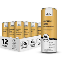 Slate Milk - High Protein Iced Coffee - Caramel Latte - 175Mg Caffeine, Lactose Free Energy - 20G Protein, 1G Sugar, 100 Calories, 1G Net Carbs, No Sugar Added - Protein Coffee - 11 Fl Oz, 12 Cans