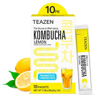 Teazen Lemon Kombucha Tea, Hydration Drink Mix, Sugar Free, Live Probiotics & Prebiotics, 10 Sticks, 1.76Oz