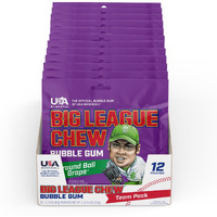 Big League Chew Ground Ball Grape Bubble Gum - Juicy Grape Flavor Explosion | Ideal For Baseball Games, Teams, Concessions, Parties, And More | Pack Of 12 Bags (2.12Oz Each)