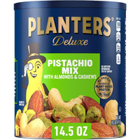 Planters Deluxe Pistachio Mix, Party Snacks, Plant-Based Protein, 14.5 Oz Canister